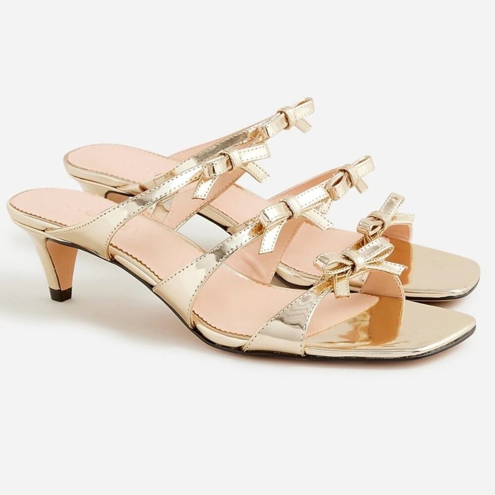 J. Crew Zadie Bow-Strap Heels in Gold Metallic Leather, Feminine Coquette Size 6